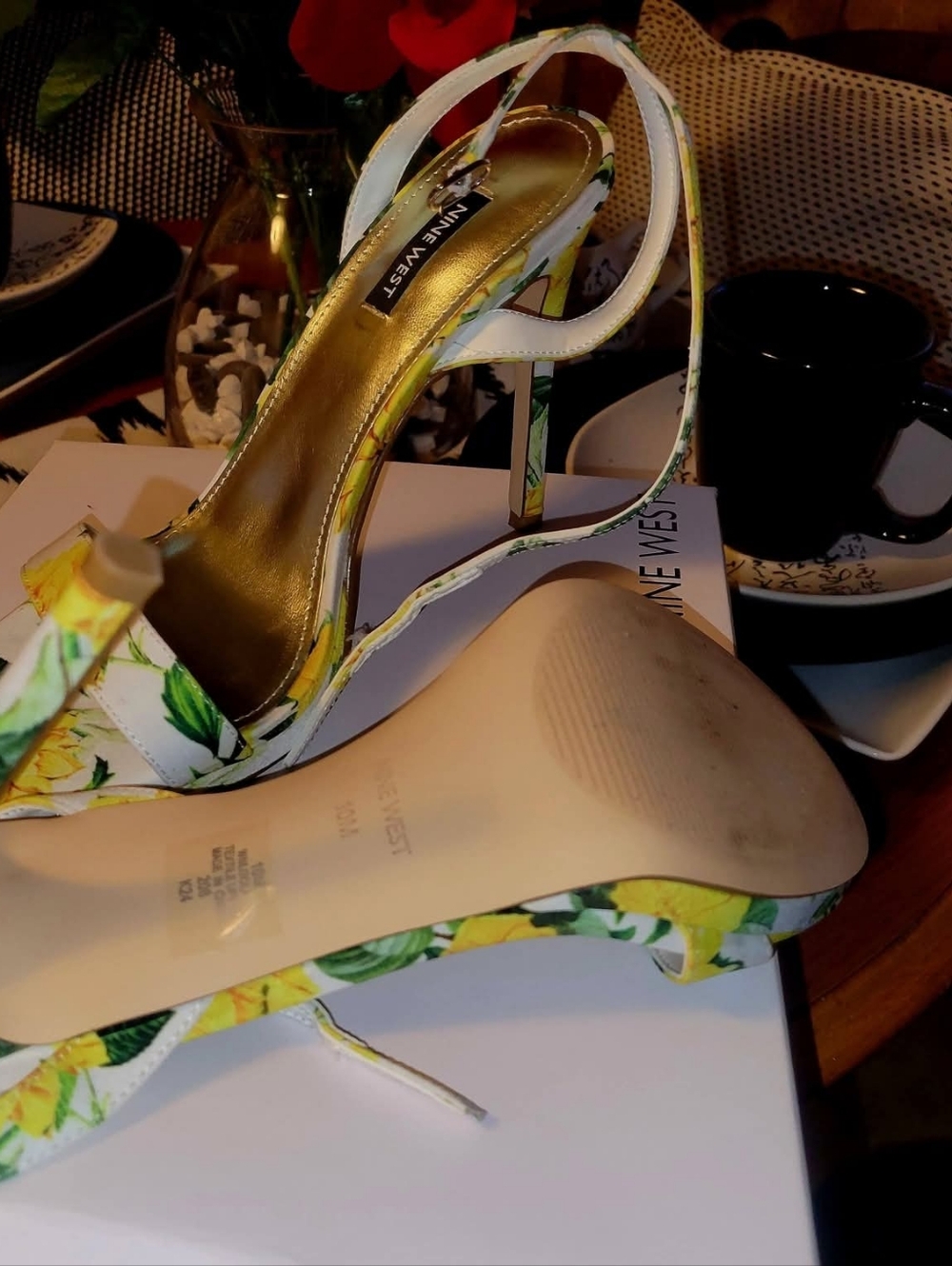 Nine West White Floral Slingback Heels with Yellow Accents